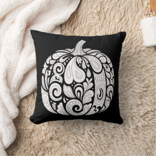 Intricate Black and White Pumpkin Art – Halloween  Throw Pillow