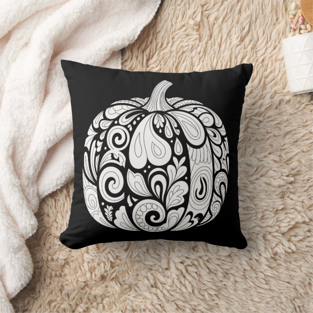 Intricate Black and White Pumpkin Art – Halloween  Throw Pillow (Blanket)