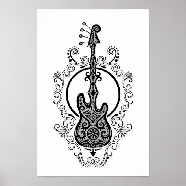 Intricate Black Bass Guitar Design on White Poster (Front)
