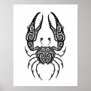Intricate Black Cancer Zodiac on White Poster