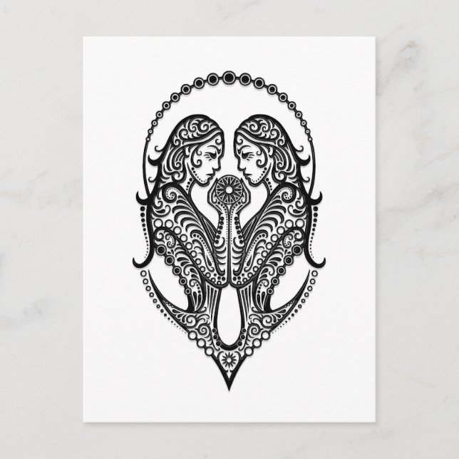Intricate Black Gemini Zodiac on White Postcard (Front)