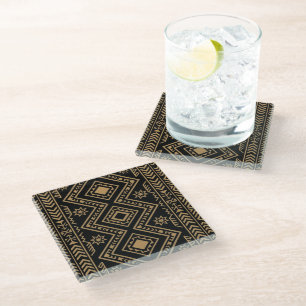 Intricate Black Gold Geometric Surface Pattern Glass Coaster