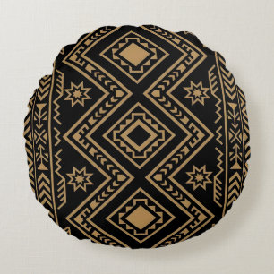 Intricate Black Gold Geometric Surface Pattern Round Pillow