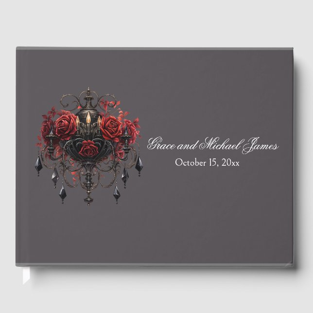 Intricate Black Gothic Chandelier Wedding  Guest Book (Front)