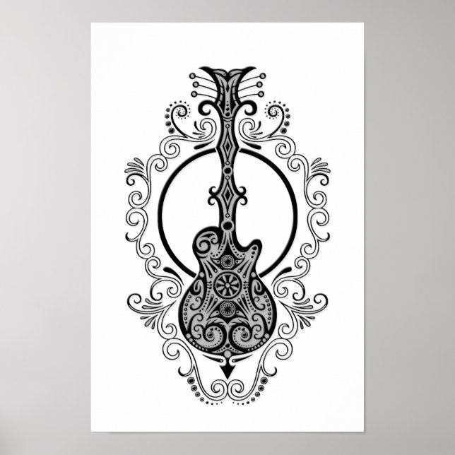 Intricate Black Guitar Design on White Poster (Front)