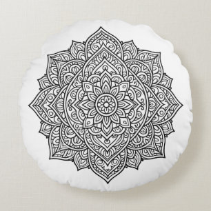 Intricate Black Line Mandala Art Round Pillow