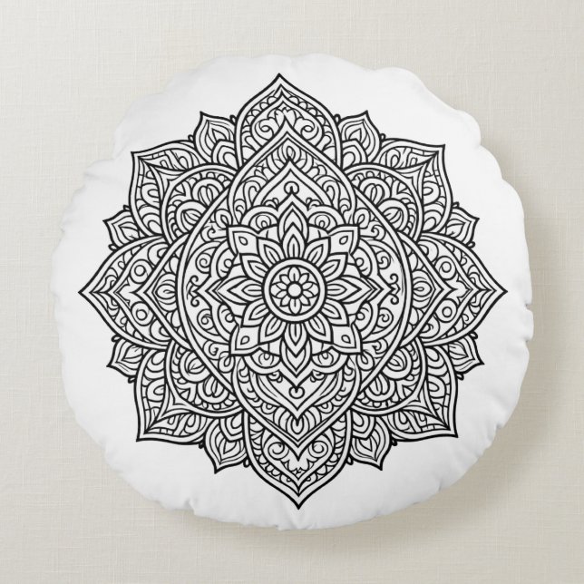 Intricate Black Line Mandala Art Round Pillow (Front)