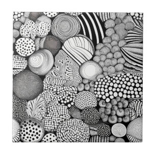 Intricate Black White Abstract Lines Shapes Tile