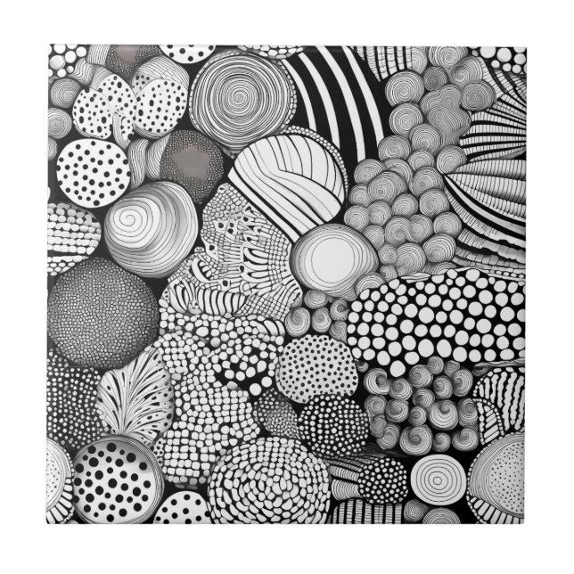 Intricate Black White Abstract Lines Shapes Tile (Front)