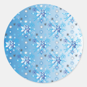 Intricate blue and white stars and snowflakes classic round sticker