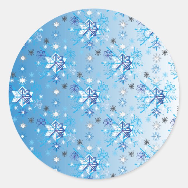 Intricate blue and white stars and snowflakes classic round sticker (Front)