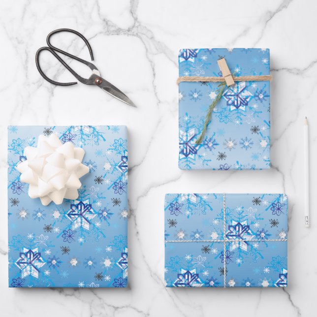 Intricate blue and white stars and snowflakes  wrapping paper sheet (Front)