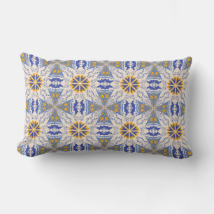 intricate blue and yellow geometric patterns lumbar pillow