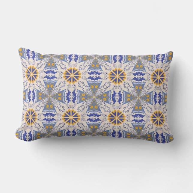 intricate blue and yellow geometric patterns lumbar pillow (Front)