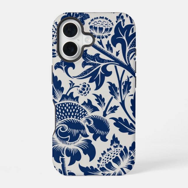 Intricate blue floral pattern on light background iPhone 16 case (Back)