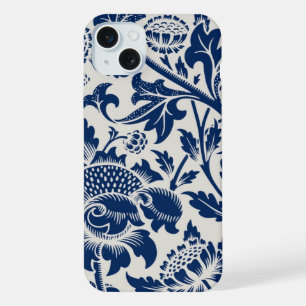 Intricate blue floral pattern on light background iPhone 15 plus case