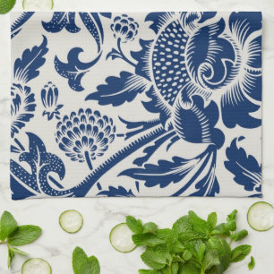 Intricate blue floral pattern on light background kitchen towel