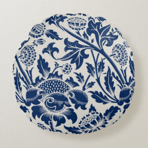 Intricate blue floral pattern on light background round pillow