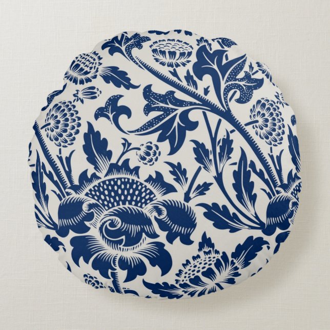 Intricate blue floral pattern on light background round pillow (Front)