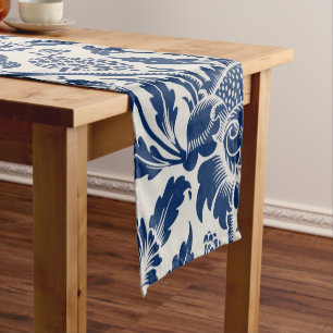 Intricate blue floral pattern on light background short table runner