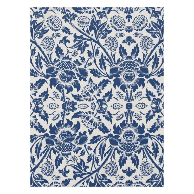 Intricate blue floral pattern on light background tablecloth (Front)