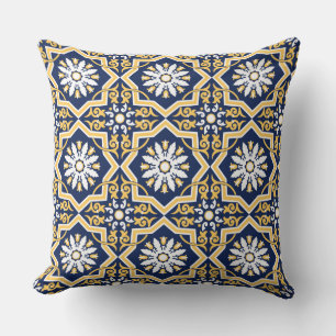 Intricate blue gold white arabesque tile Moroccan  Throw Pillow
