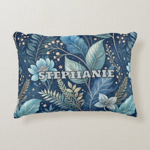 Intricate Blue & Green Botanical -Starry Dark Blue Accent Pillow