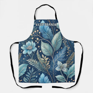 Intricate Blue & Green Botanical -Starry Dark Blue Apron
