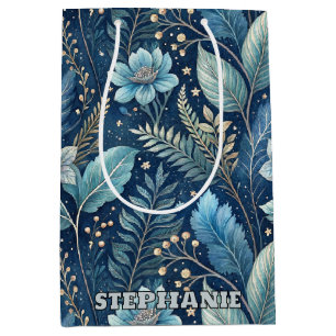 Intricate Blue & Green Botanical -Starry Dark Blue Medium Gift Bag