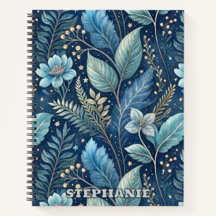 Intricate Blue & Green Botanical -Starry Dark Blue Notebook