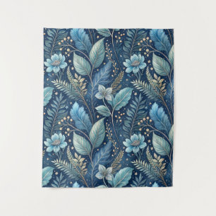 Intricate Blue & Green Botanical -Starry Dark Blue Tapestry