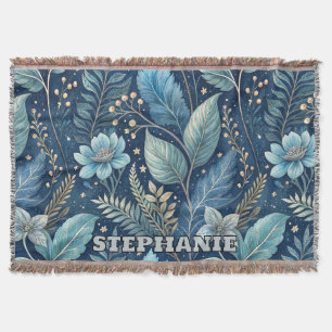Intricate Blue & Green Botanical -Starry Dark Blue Throw Blanket