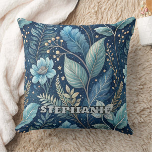 Intricate Blue & Green Botanical -Starry Dark Blue Throw Pillow