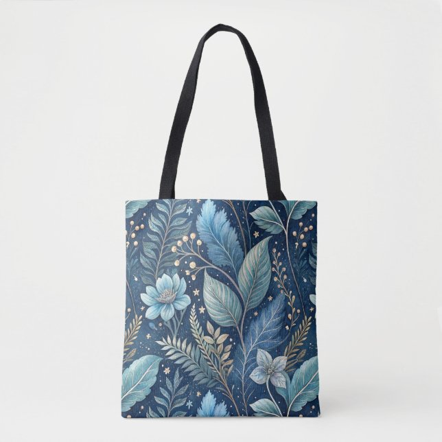 Intricate Blue & Green Botanical -Starry Dark Blue Tote Bag (Front)