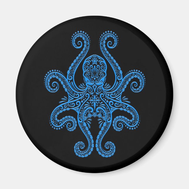 Intricate Blue Octopus on Black Magnet (Front)