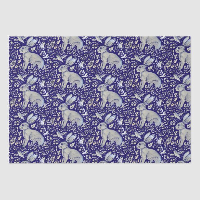 Intricate Blue Rabbit Bird Morris Style Pattern Tissue Paper (Front)