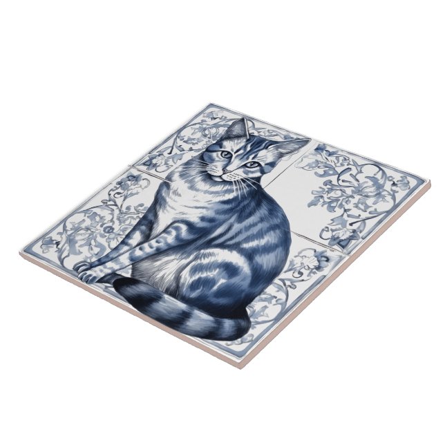 Intricate Blue Rustic Indigo Cat Tiles on Wall (Side)