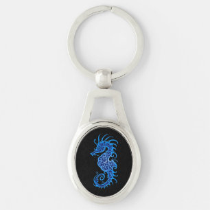 Intricate Blue Seahorse Design on Black Keychain