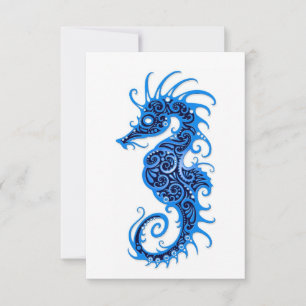 Intricate Blue Seahorse Design on White