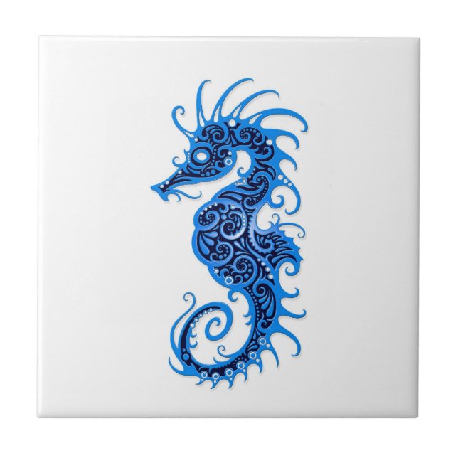 Intricate Blue Seahorse Design on White Tile (Front)