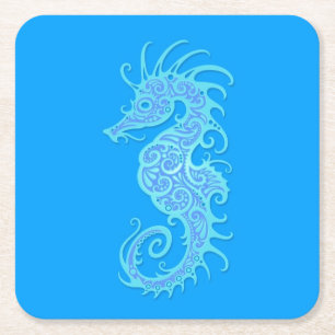 Intricate Blue Seahorse Design Square Paper Coaster