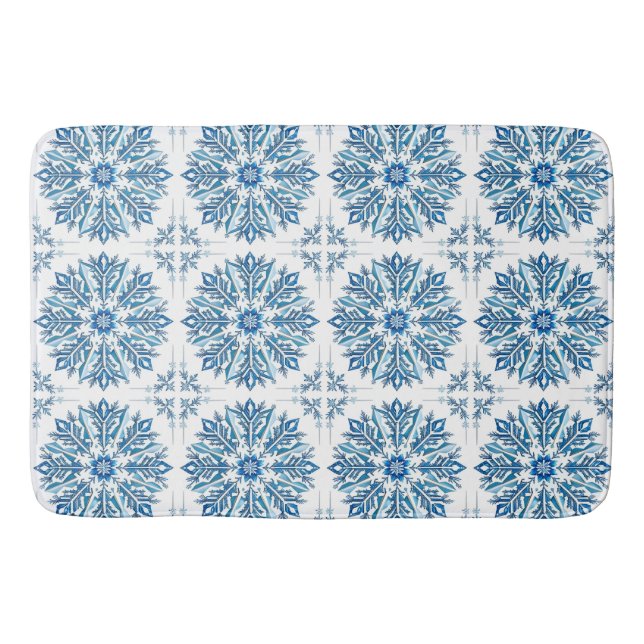 Intricate Blue Snowflake Design  Bath Mat (Front)