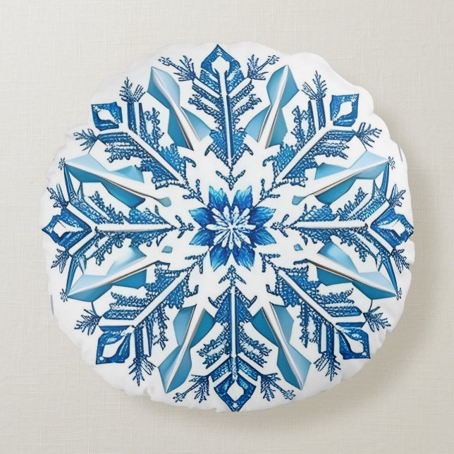 Intricate Blue Snowflake Design  Round Pillow (Front)