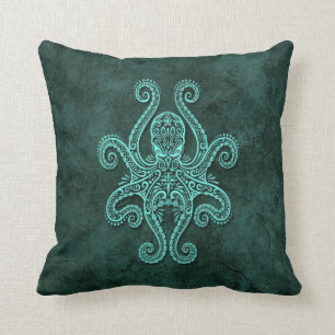 Intricate Blue Stone Octopus Throw Pillow
