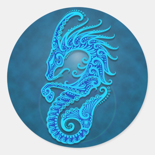 Intricate Blue Tribal Capricorn Classic Round Sticker (Front)