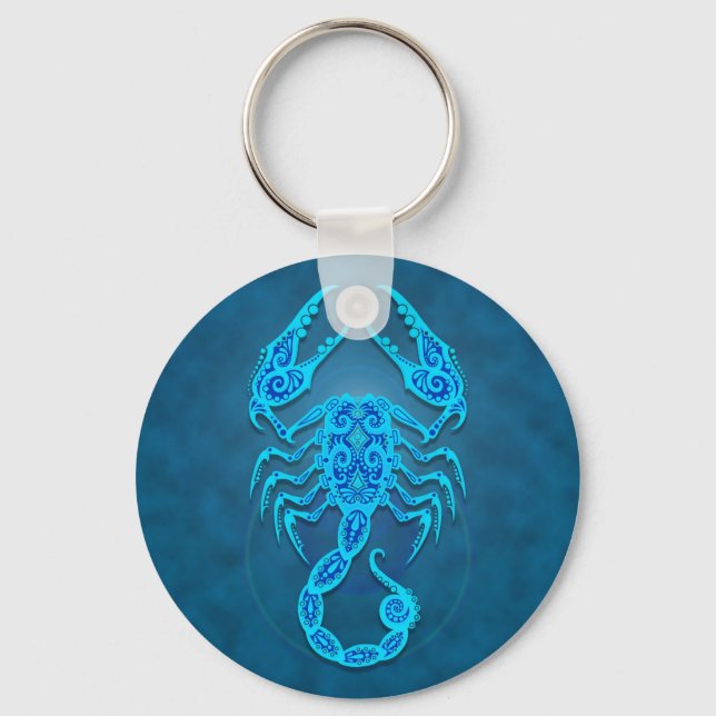 Intricate Blue Tribal Scorpio Keychain (Front)