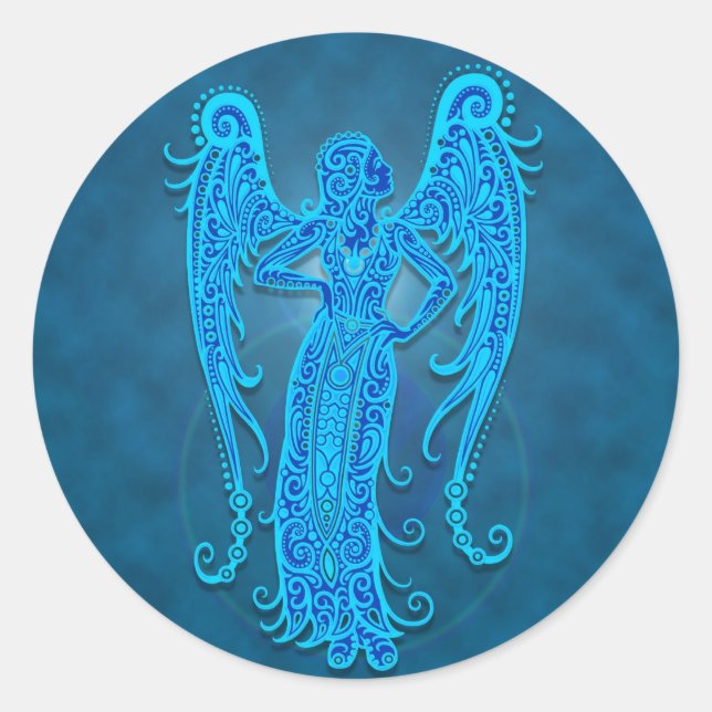 Intricate Blue Tribal Virgo Classic Round Sticker (Front)