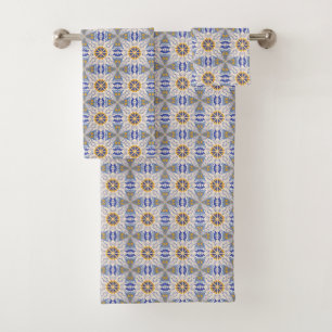 intricate blue, yellow, & white geometric pattern  bath towel set