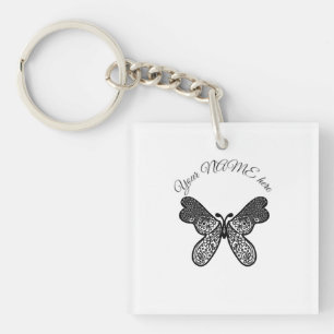 Intricate Boho Mandala Butterfly Black and White A Keychain