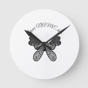 Intricate Boho Mandala Butterfly Black and White A Round Clock